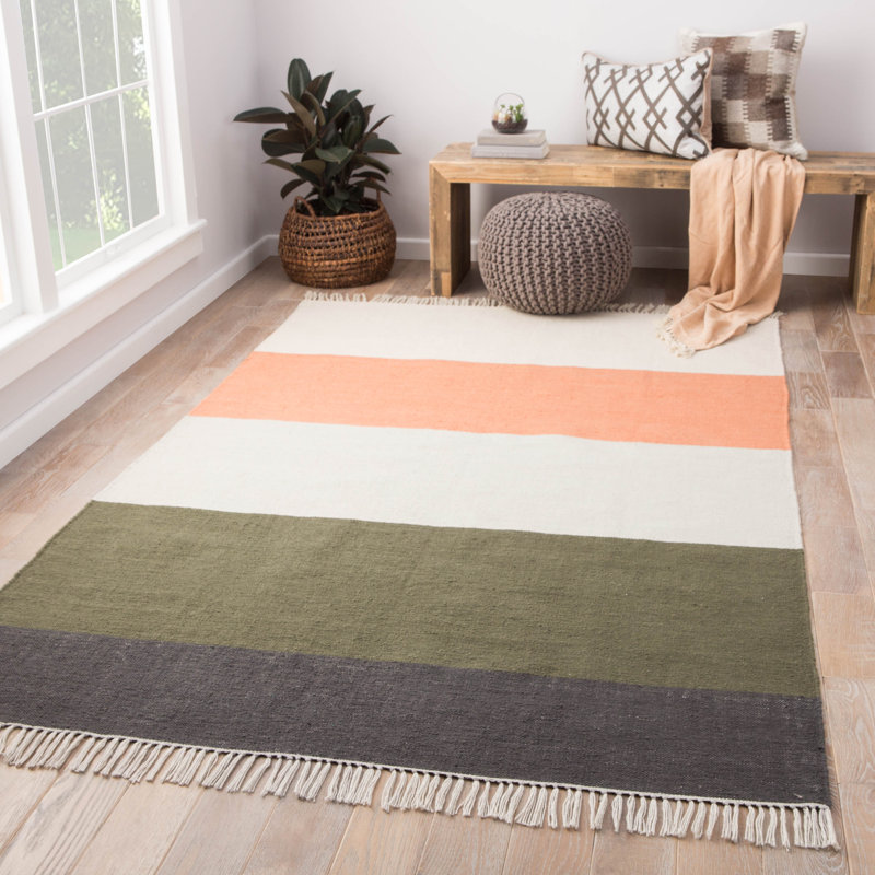 Striped Handwoven White/Green/Light Salmon/Charcoal Gray Indoor/Outdoor